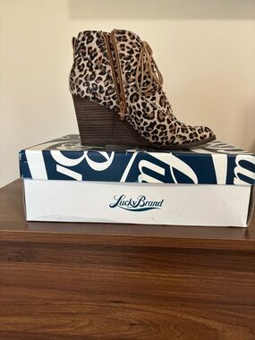Lucky Brand Leopard-Print Wedge Ankle Bootie in Tan and Black